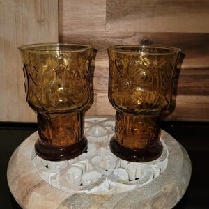 Vintage Pair of Libbey Amber Glass Daisy Pattern Juice Glasses
